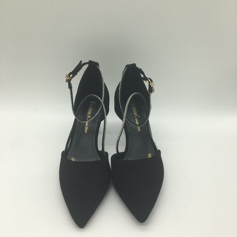 Eastanna Fashion Pointed Toe Ankle Strap Kitten Heel Pumps With Rhinestones